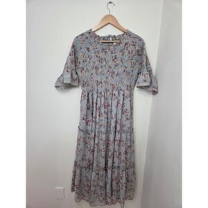 Jessakae Wandering Willoughby Smocked Floral Midi Dress Tiered Ruffle Blue XL